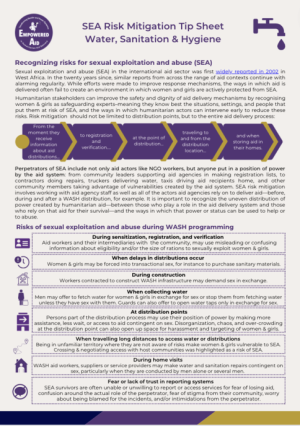 Image of Empowered Aid Sector Tip Sheet for Water, Sanitation, and Hygiene. Image includes text detailing risks of sexual exploitation and abuse.