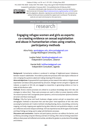 Cover of the article titled, "Engaging refugee women and girls as experts: co-creating evidence on sexual exploitation and abuse in humanitarian crises using creative, participatory methods"